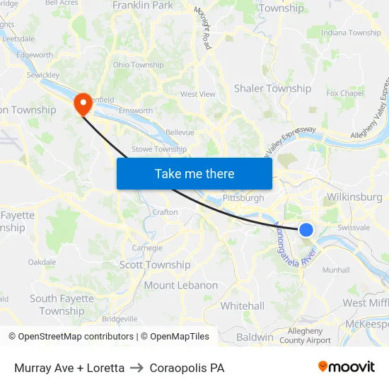 Murray Ave + Loretta to Coraopolis PA map
