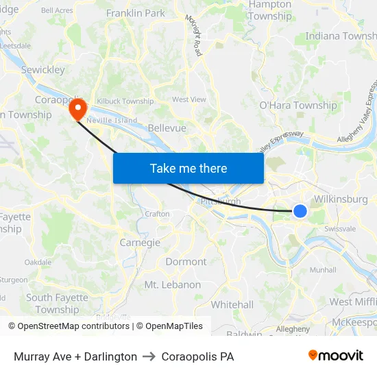 Murray Ave + Darlington to Coraopolis PA map