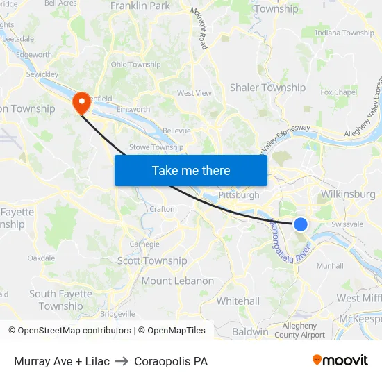 Murray Ave + Lilac to Coraopolis PA map