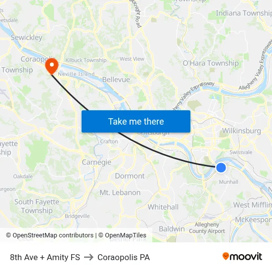 8th Ave + Amity FS to Coraopolis PA map