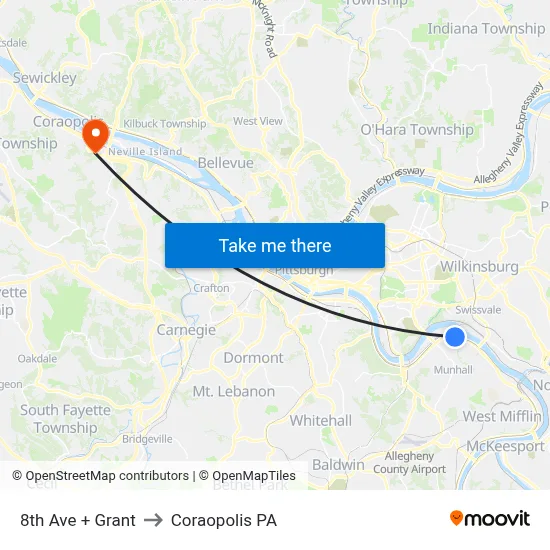 8th Ave + Grant to Coraopolis PA map