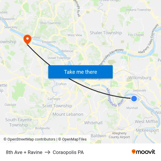 8th Ave + Ravine to Coraopolis PA map