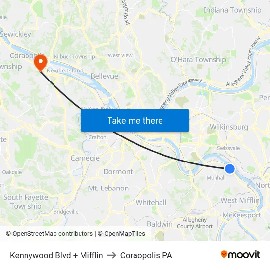 Kennywood Blvd + Mifflin to Coraopolis PA map
