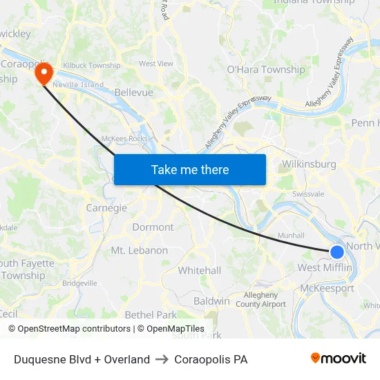Duquesne Blvd + Overland to Coraopolis PA map