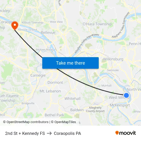 2nd St + Kennedy FS to Coraopolis PA map