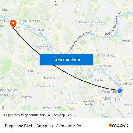 Duquesne Blvd + Camp to Coraopolis PA map