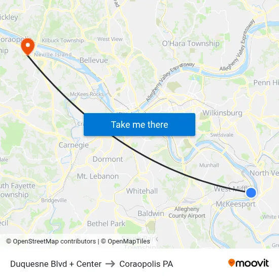Duquesne Blvd + Center to Coraopolis PA map
