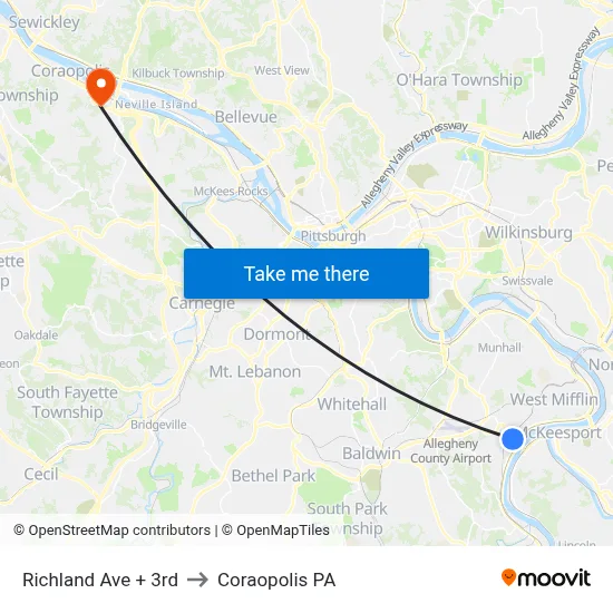Richland Ave + 3rd to Coraopolis PA map