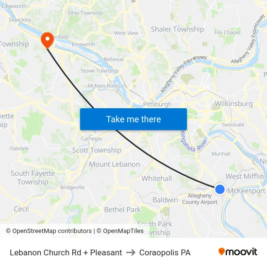 Lebanon Church Rd + Pleasant to Coraopolis PA map