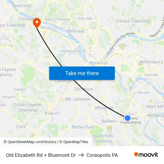 Old Elizabeth Rd + Bluemont Dr to Coraopolis PA map