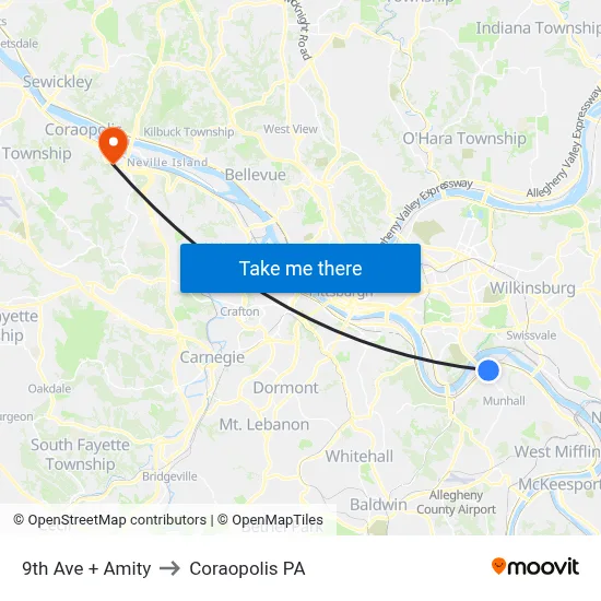 9th Ave + Amity to Coraopolis PA map