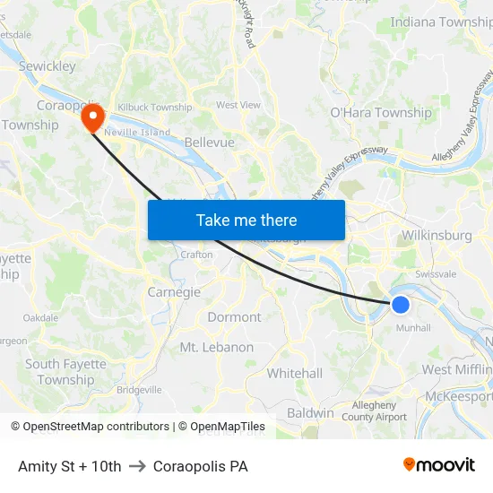Amity St + 10th to Coraopolis PA map
