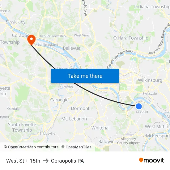 West St + 15th to Coraopolis PA map