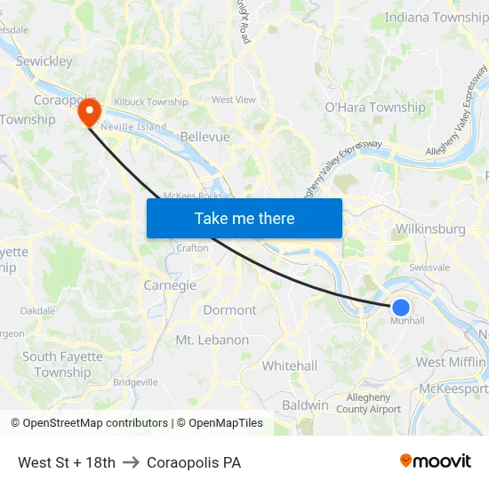 West St + 18th to Coraopolis PA map