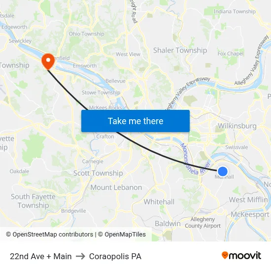 22nd Ave + Main to Coraopolis PA map