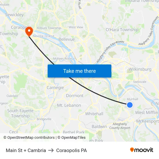 Main St + Cambria to Coraopolis PA map