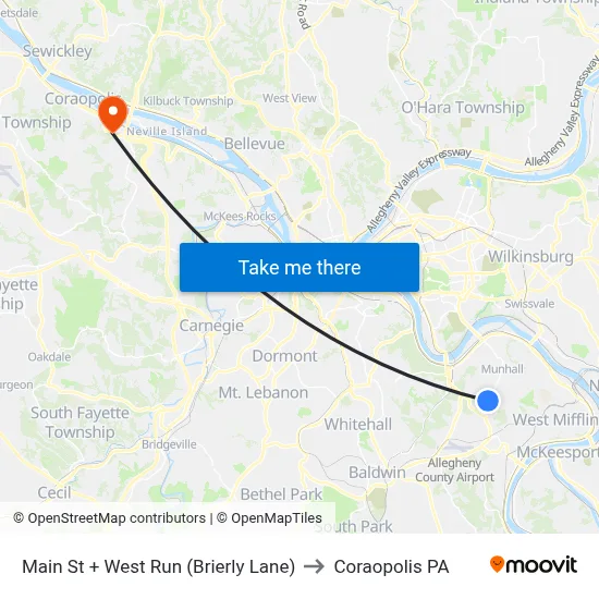 Main St + West Run (Brierly Lane) to Coraopolis PA map