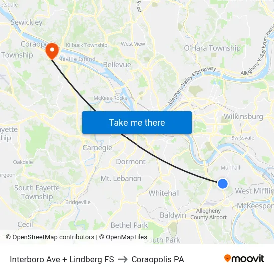 Interboro Ave + Lindberg FS to Coraopolis PA map