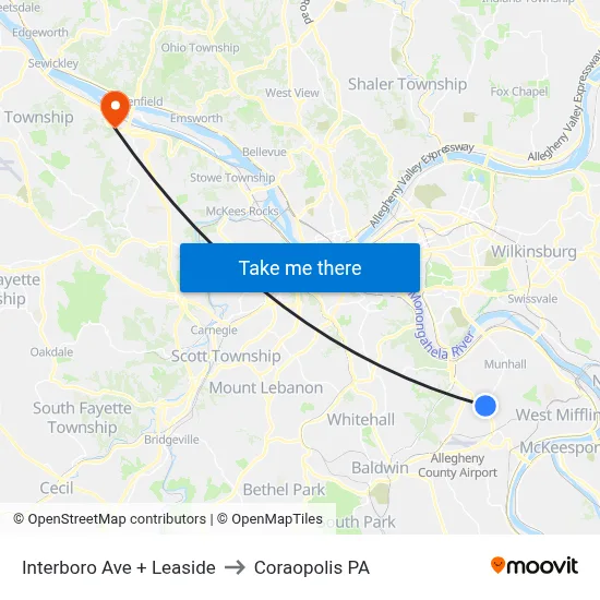 Interboro Ave + Leaside to Coraopolis PA map