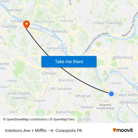 Interboro Ave + Mifflin to Coraopolis PA map