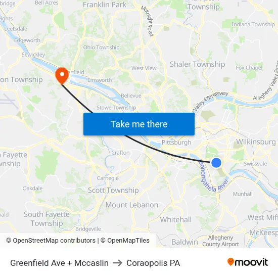 Greenfield Ave + Mccaslin to Coraopolis PA map
