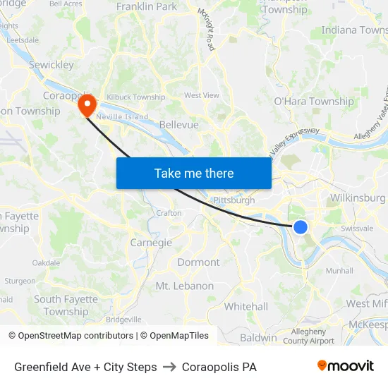 Greenfield Ave + City Steps to Coraopolis PA map