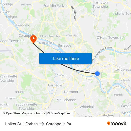 Halket St + Forbes to Coraopolis PA map