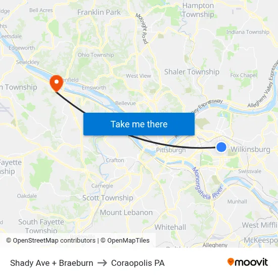 Shady Ave + Braeburn to Coraopolis PA map