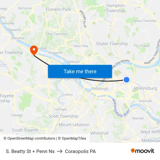 S. Beatty St + Penn Ns to Coraopolis PA map