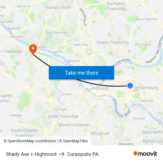Shady Ave + Highmont to Coraopolis PA map