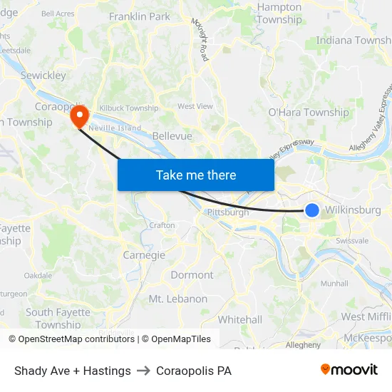 Shady Ave + Hastings to Coraopolis PA map
