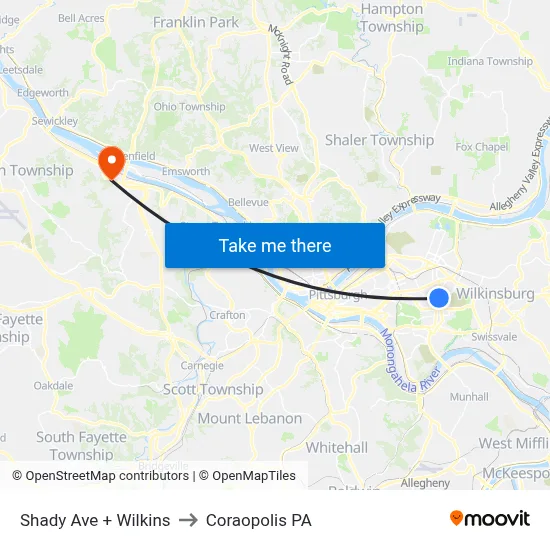 Shady Ave + Wilkins to Coraopolis PA map