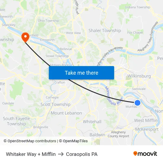 Whitaker Way + Mifflin to Coraopolis PA map
