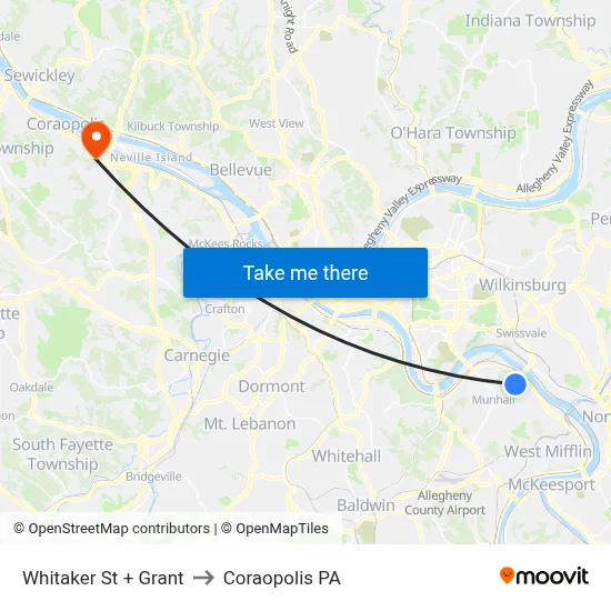 Whitaker St + Grant to Coraopolis PA map