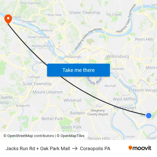 Jacks Run Rd + Oak Park Mall to Coraopolis PA map