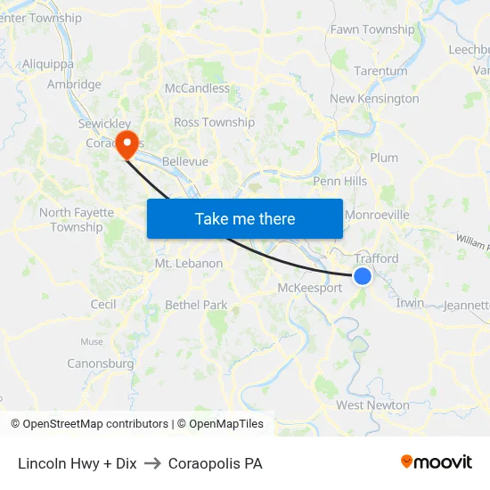Lincoln Hwy + Dix to Coraopolis PA map