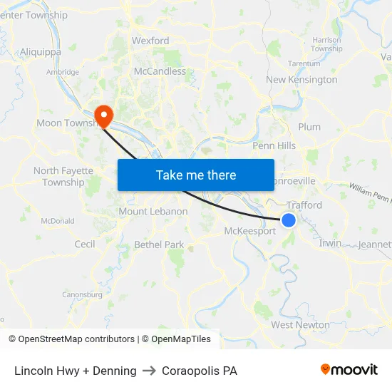 Lincoln Hwy + Denning to Coraopolis PA map