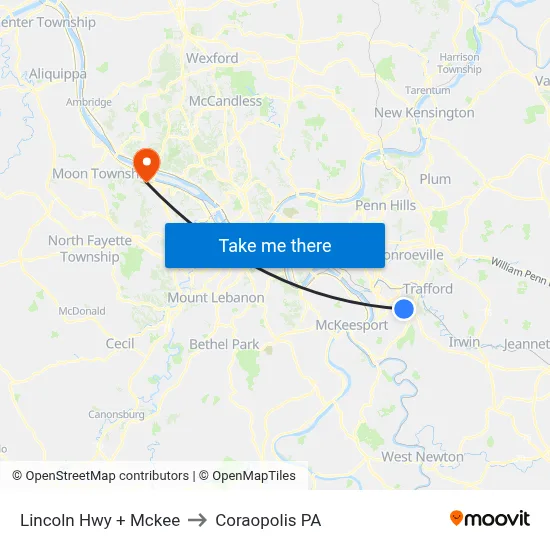 Lincoln Hwy + Mckee to Coraopolis PA map