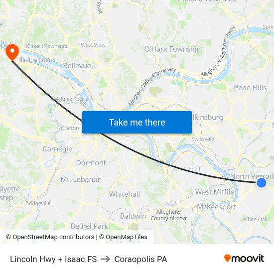 Lincoln Hwy + Isaac FS to Coraopolis PA map