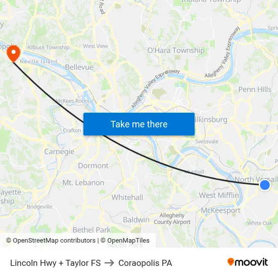 Lincoln Hwy + Taylor FS to Coraopolis PA map