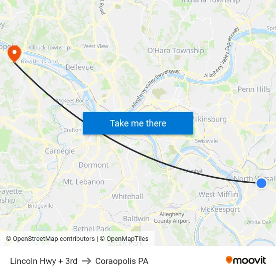 Lincoln Hwy + 3rd to Coraopolis PA map