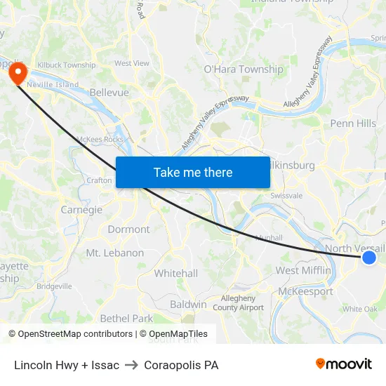 Lincoln Hwy + Issac to Coraopolis PA map