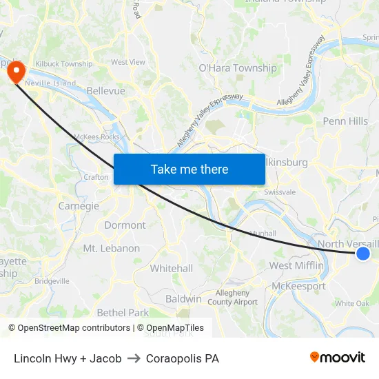Lincoln Hwy + Jacob to Coraopolis PA map