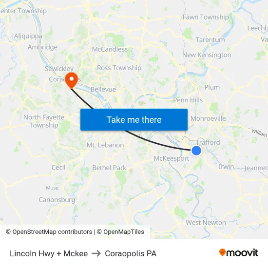Lincoln Hwy + Mckee to Coraopolis PA map