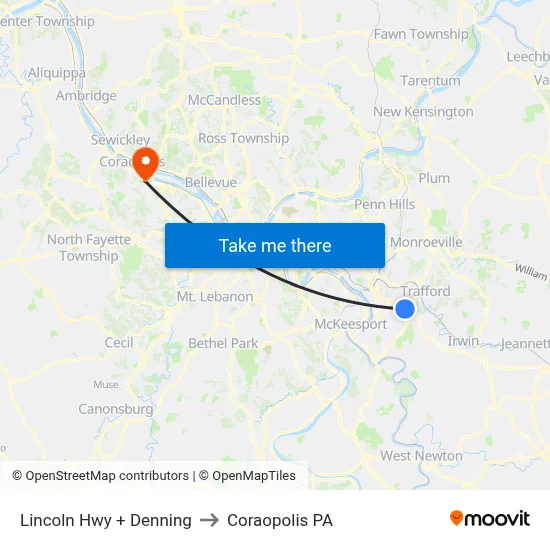 Lincoln Hwy + Denning to Coraopolis PA map