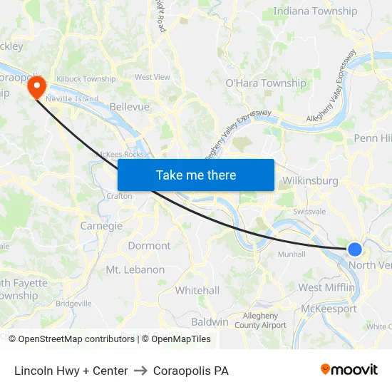 Lincoln Hwy + Center to Coraopolis PA map