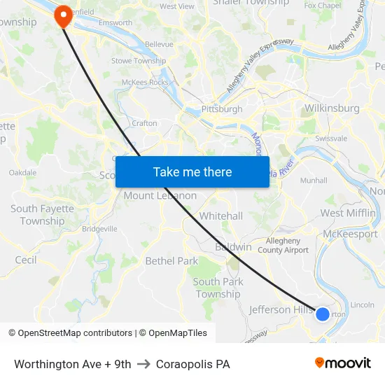 Worthington Ave + 9th to Coraopolis PA map