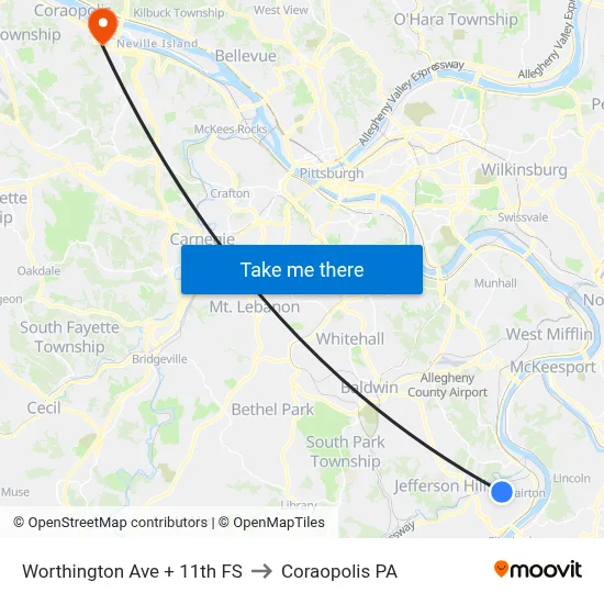 Worthington Ave + 11th FS to Coraopolis PA map