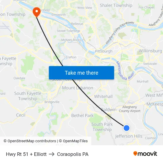 Hwy Rt 51 + Elliott to Coraopolis PA map