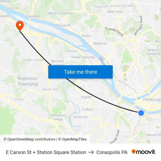 E Carson St + Station Square Station to Coraopolis PA map